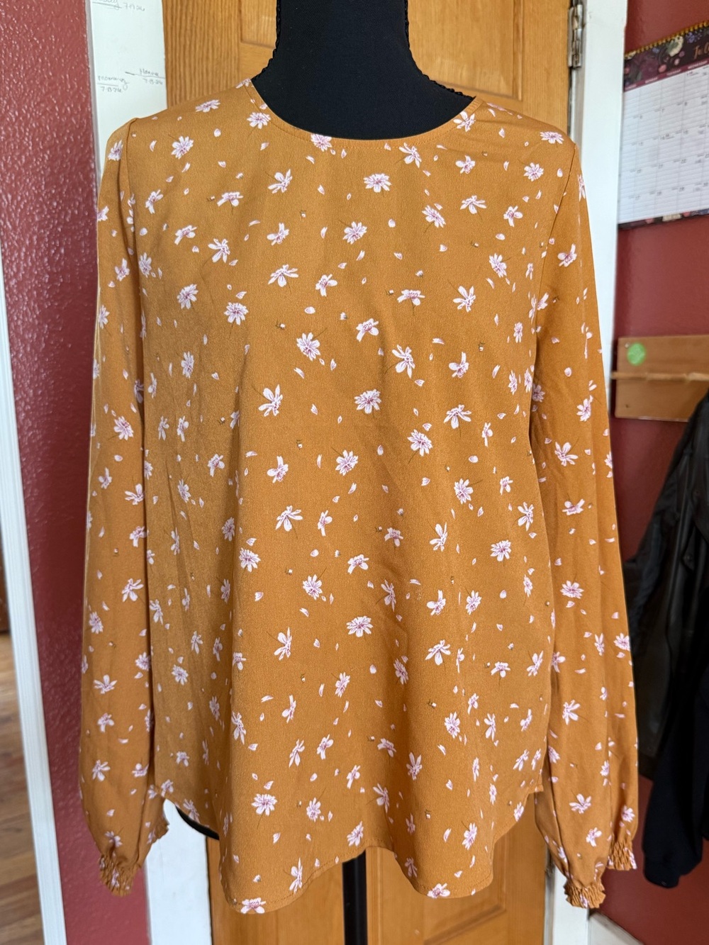 Robin K Mustard Floral Long-Sleeve Blouse with Pink Accents